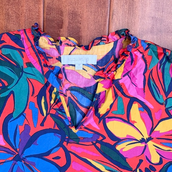 Sugarlips Tropical Short Puff-Sleeve Blouse Womens M Split-Neck 100% Cotton - Picture 4 of 9
